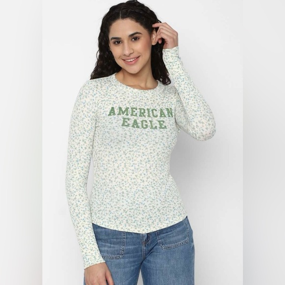 American Eagle Outfitters Women's Floral Top - Green and White - Picture 1 of 9